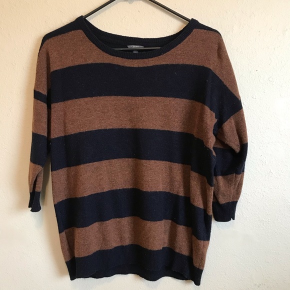 🎉HP🎉 Striped Wool Sweater Brown & Navy Blue 3/4 Sleeve - Picture 1 of 4
